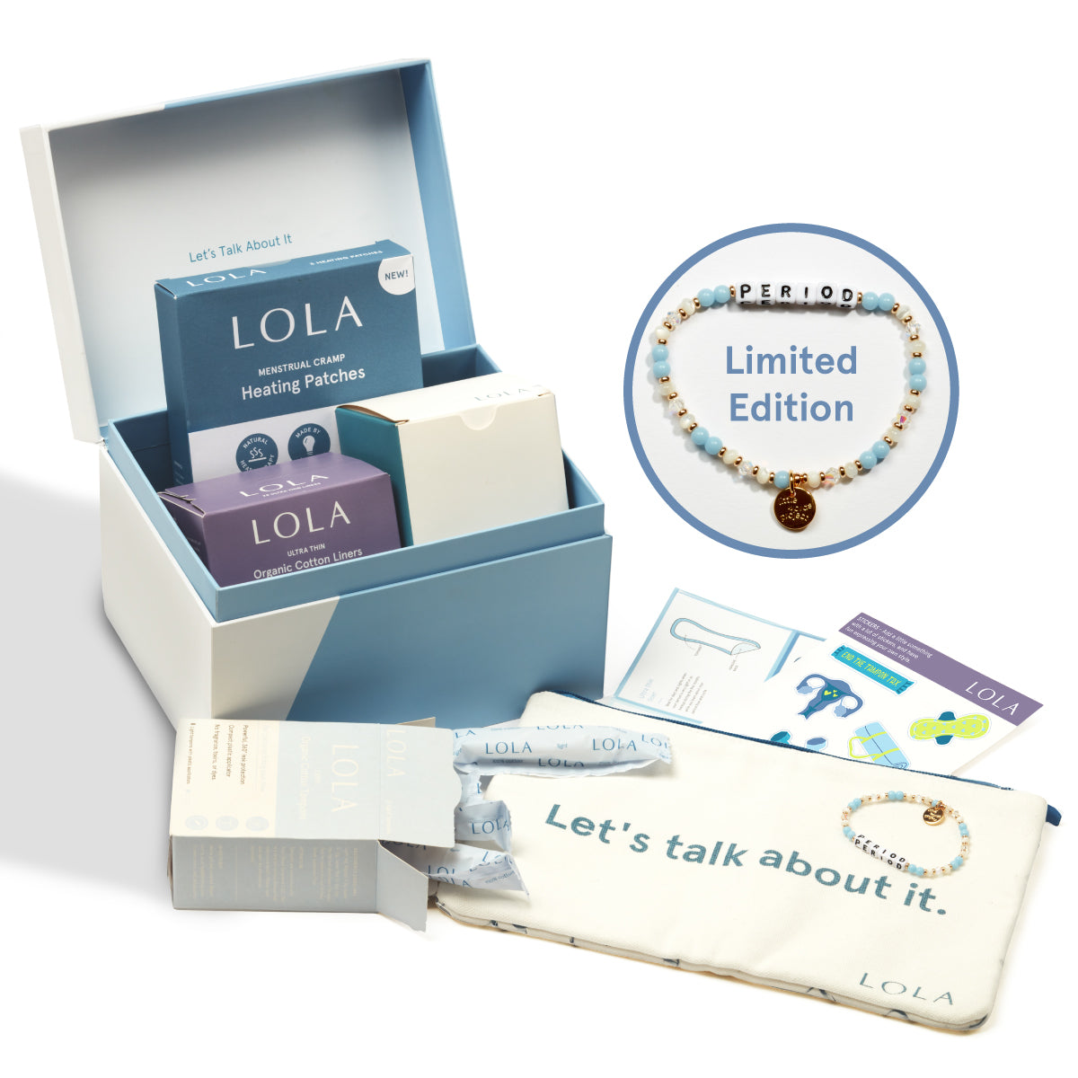 Lola period kit including a bracelet, box, and cards on a white background