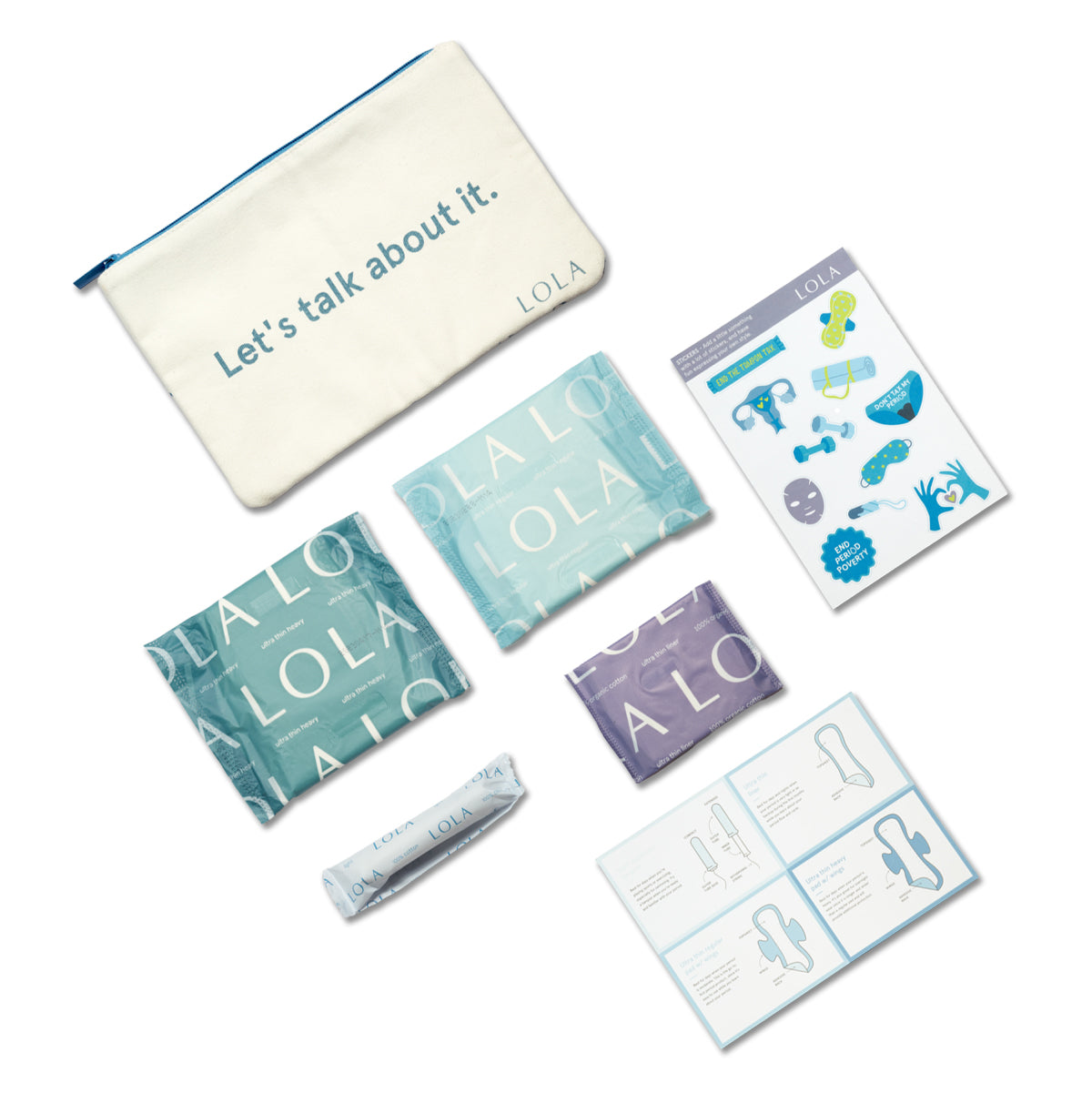 Collection of LOLA products including pouches and cards on a white background