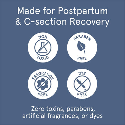 Infographic showcasing the postpartum line is non-toxic, paraben free, fragrance free and dye free
